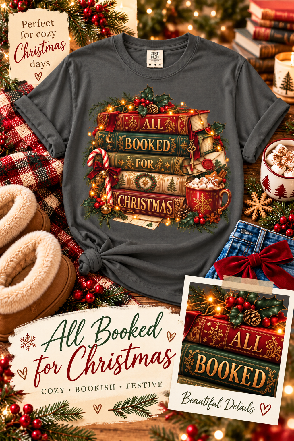 All Booked for Christmas! The perfect Christmas book lover shirt for readers who would rather be curled up with a good book and hot cocoa! ❤️ Featuring a gorgeous vintage book stack, twinkling lights, and cozy holiday details, this festive graphic tee makes a thoughtful Christmas gift for bookworms, librarians, BookTok readers, and book club friends. Perfect for holiday reading, bookstore trips, and cozy Christmas outfits! 🎁✨ #BookishChristmas #BookLoverGift #ChristmasShirt