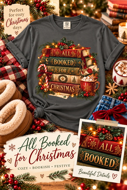 All Booked for Christmas! The perfect Christmas book lover shirt for readers who would rather be curled up with a good book and hot cocoa! ❤️ Featuring a gorgeous vintage book stack, twinkling lights, and cozy holiday details, this festive graphic tee makes a thoughtful Christmas gift for bookworms, librarians, BookTok readers, and book club friends. Perfect for holiday reading, bookstore trips, and cozy Christmas outfits! 🎁✨ #BookishChristmas #BookLoverGift #ChristmasShirt