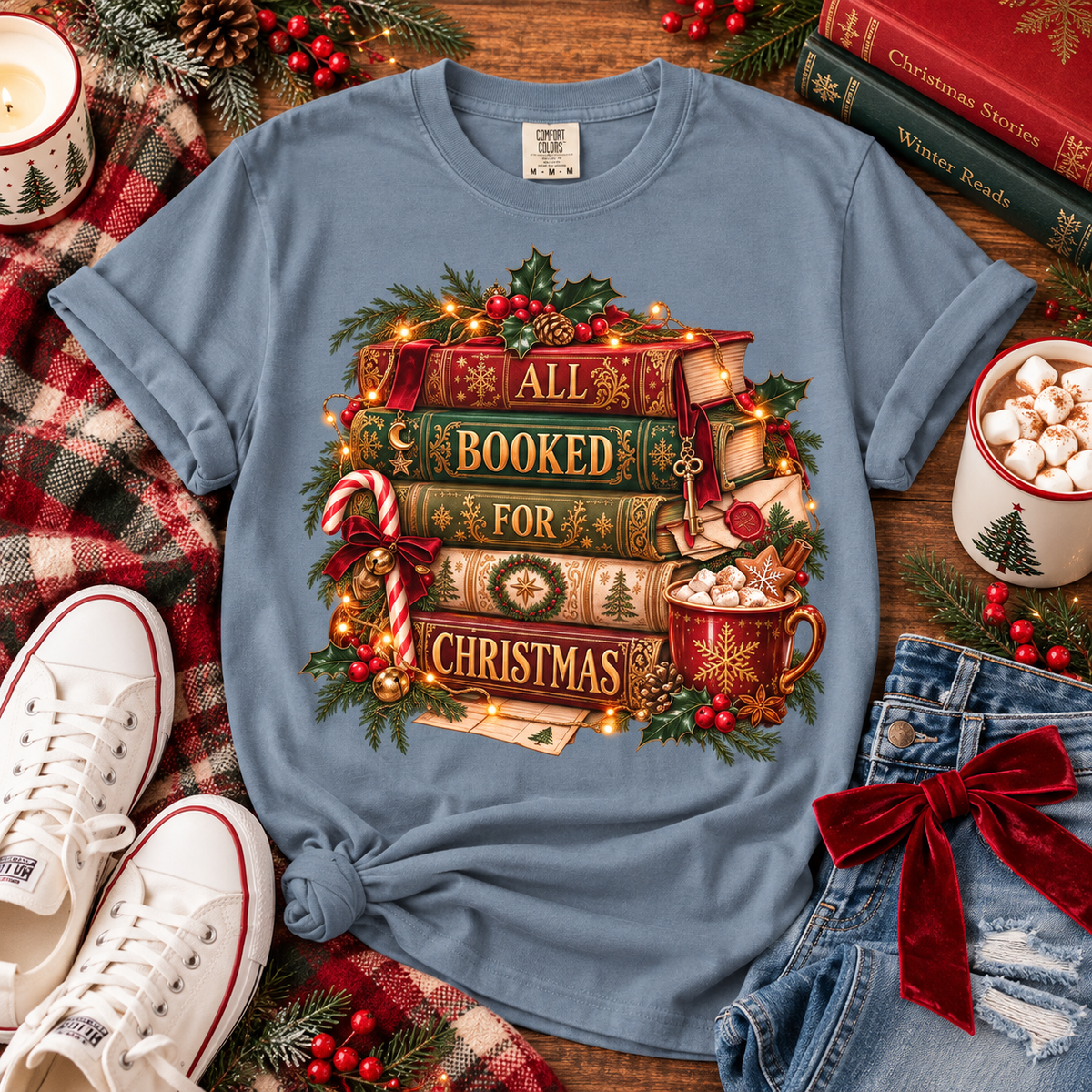 Christmas Book Lover Shirt, All Booked for Christmas Tee, Cozy Reading T-Shirt, Bookish Christmas Gift, Librarian Gift, BookTok Shirt