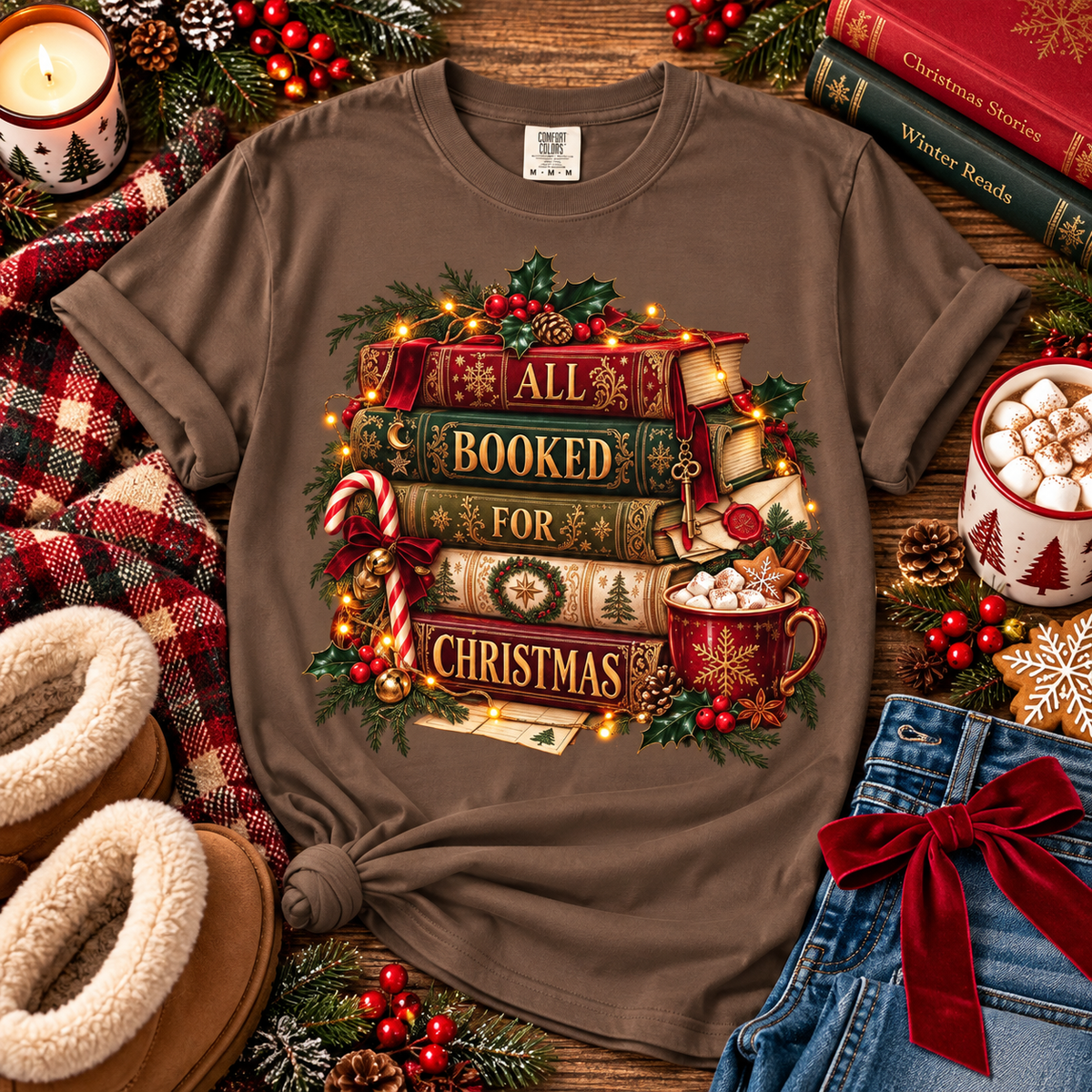 Christmas Book Lover Shirt, All Booked for Christmas Tee, Cozy Reading T-Shirt, Bookish Christmas Gift, Librarian Gift, BookTok Shirt