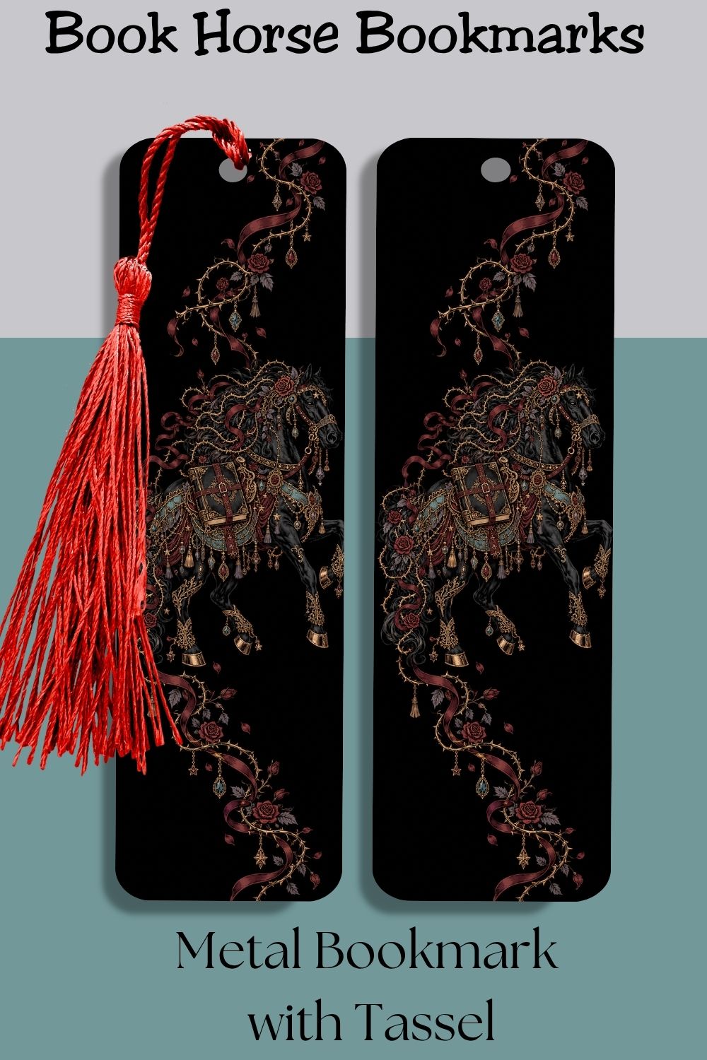Mark your place in your latest fantasy adventure with this dark-romantasy metal bookmark featuring an ornate black horse, a mysterious book, burgundy roses, antique-gold details, and a coordinating tassel. A thoughtful book lover gift for romantasy readers, horse lovers, book club friends, librarians, teachers, and fans of gothic reading accessories.

#RomantasyBookmark #BookLoverGift #MetalBookmark #GothicBooks #HorseLoverGift