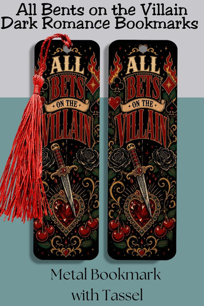 Mark your place while keeping your loyalty exactly where it belongs. 🗡️🌹 The All Bets on the Villain Metal Bookmark features bold red and gold typography, black roses, fiery playing card suits, cherries, an ornate dagger, and a jeweled heart. Perfect for dark romance, romantasy, fantasy romance, and BookTok readers who always choose the villain. #MetalBookmark #DarkRomanceGift #BookLoverGift #AllBetsOnTheVillain #RomantasyReader #BookTokGift #VillainLover #ReadingAccessory