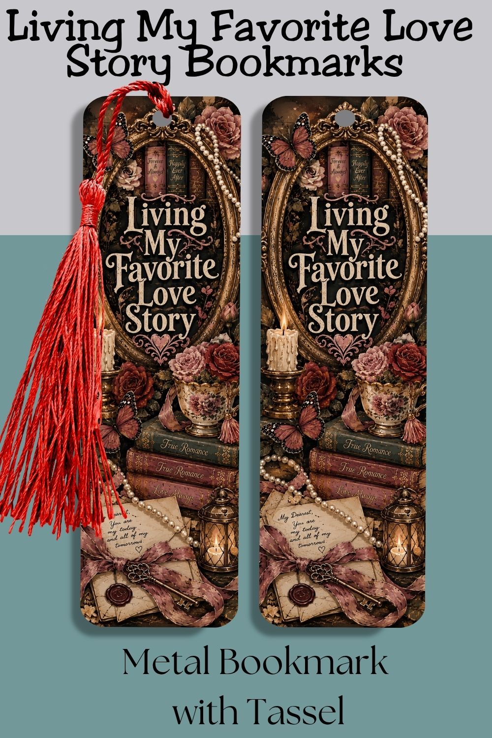 Every unforgettable romance deserves a beautiful bookmark. 📖🦋 The Living My Favorite Love Story metal bookmark features elegant vintage-inspired artwork with antique books, roses, butterflies, pearls, and handwritten love letters, making it the perfect companion for your current read. A thoughtful gift for romance readers, BookTok fans, librarians, teachers, and anyone who never wants to lose their place in a great love story.

#LivingMyFavoriteLoveStory #MetalBookmark #BookLoverGift #RomanceReader #BookT
