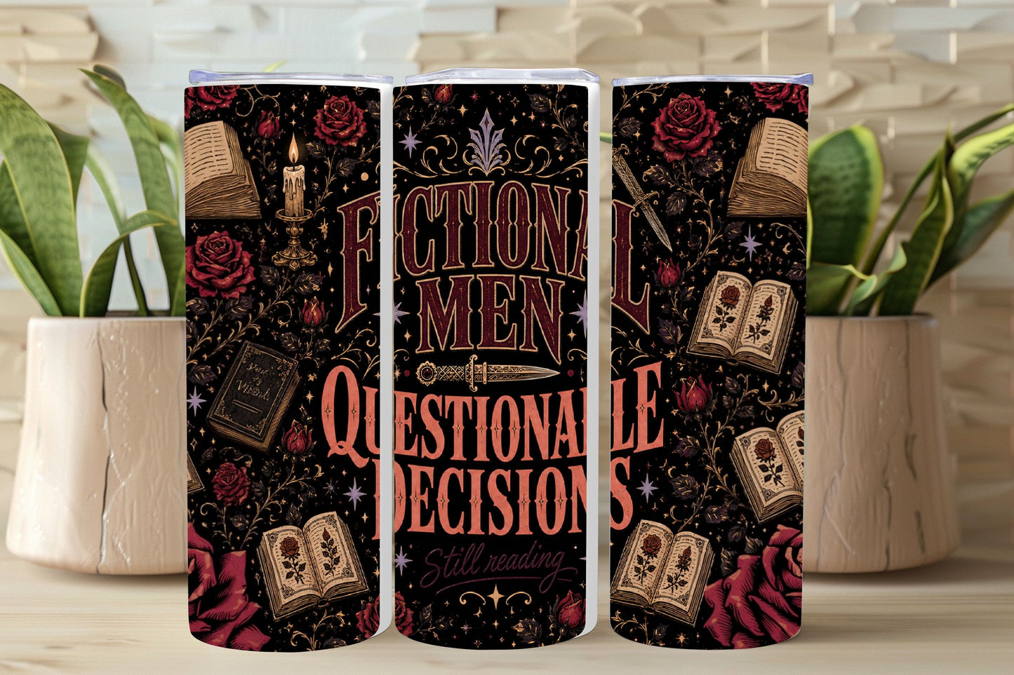 Fictional Men Questionable Decisions Tumbler, Dark Romance Book Lover Tumbler, Gothic Bookish Gift, 20 oz Skinny Tumbler