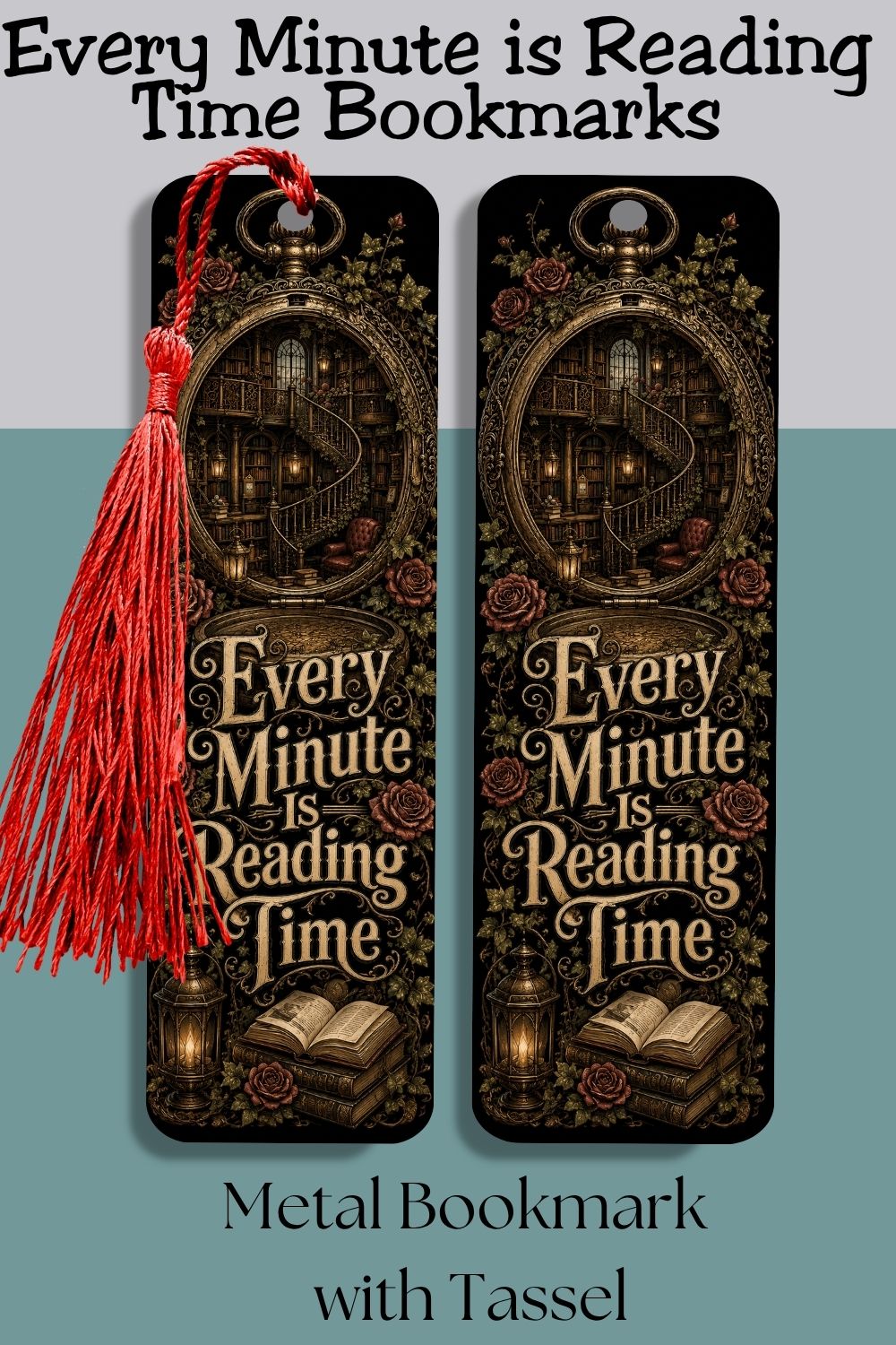 Never lose your place in a magical story. 📚🕰️ The Every Minute Is Reading Time metal bookmark is perfect for romance readers, fantasy lovers, BookTok fans, and dark academia enthusiasts. Featuring a vintage pocket watch that opens into a hidden library filled with winding staircases, antique books, glowing lanterns, ivy, and roses, this elegant bookmark includes a decorative tassel and adds timeless bookish charm to every reading session. A thoughtful gift for book lovers, librarians, teachers, writers, a