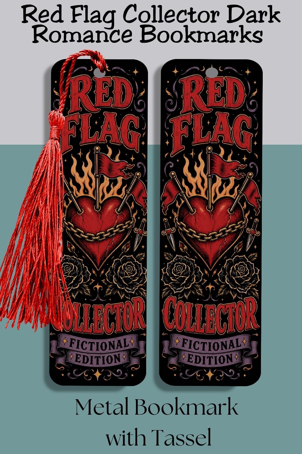 Mark your place while adding another fictional red flag to the collection. The Red Flag Collector, Fictional Edition Metal Bookmark features a chained heart, waving red flags, black roses, daggers, flames, and vintage gothic details in a bold black, red, gold, and purple palette. Perfect for dark romance readers, romantasy fans, BookTok lovers, morally gray hero enthusiasts, and anyone who loves dangerous fictional men. Save this bookish bookmark for reader gift ideas, book club gifts, stocking stuffers, or