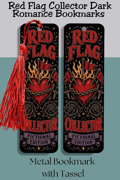 Mark your place while adding another fictional red flag to the collection. The Red Flag Collector, Fictional Edition Metal Bookmark features a chained heart, waving red flags, black roses, daggers, flames, and vintage gothic details in a bold black, red, gold, and purple palette. Perfect for dark romance readers, romantasy fans, BookTok lovers, morally gray hero enthusiasts, and anyone who loves dangerous fictional men. Save this bookish bookmark for reader gift ideas, book club gifts, stocking stuffers, or