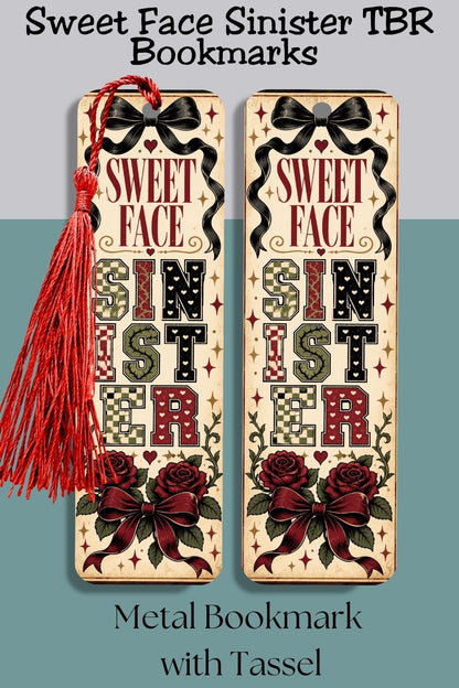 Sweet style, sinister reading list. This Sweet Face Sinister TBR Metal Bookmark is made for romance readers, dark romance fans, romantasy lovers, BookTok readers, and TBR addicts who are always adding one more book to the pile. Featuring checkerboard lettering, hearts, roses, bows, and a vintage burgundy, cream, black, and olive palette, this slim metal bookmark is a fun reader accessory for current reads, book club gifts, stocking stuffers, and bookish gift baskets. Save this as a book lover gift idea