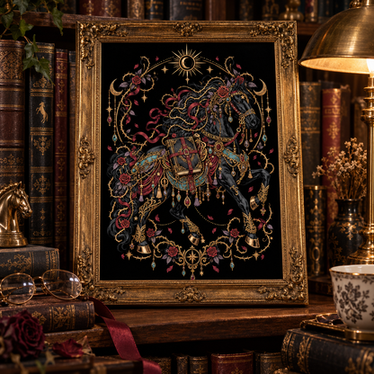 Dark Romantasy Horse Printable Set, Gothic Book Lover Wall Art, Fantasy Reading Decor, Horse Bookmark, Phone Wallpaper