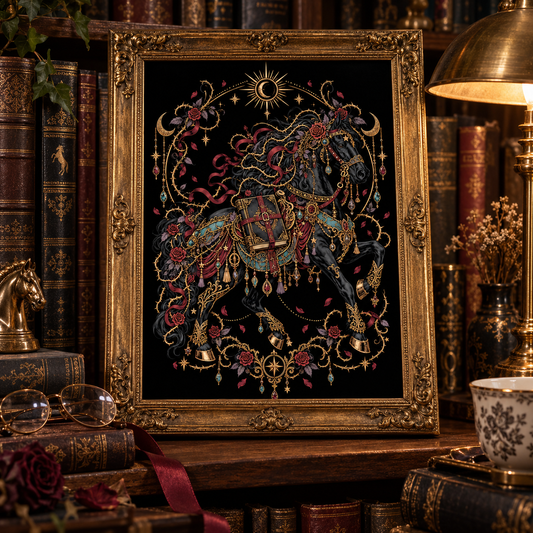 Dark Romantasy Horse Printable Set, Gothic Book Lover Wall Art, Fantasy Reading Decor, Horse Bookmark, Phone Wallpaper