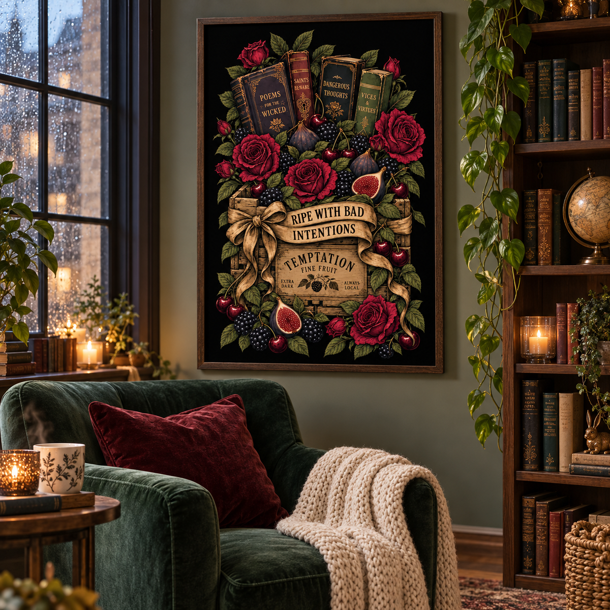 Dark Academia Printable Set, Gothic Book Lover Wall Art, Printable Bookmark, Phone Wallpaper, Ripe With Bad Intentions