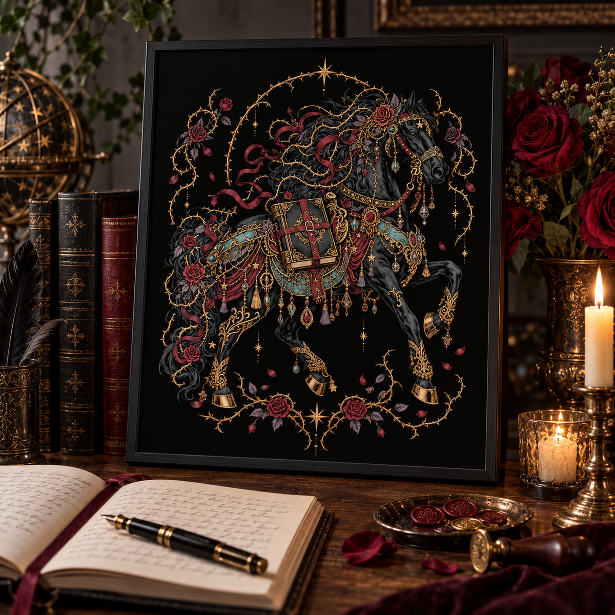 Dark Romantasy Horse Printable Set, Gothic Book Lover Wall Art, Fantasy Reading Decor, Horse Bookmark, Phone Wallpaper
