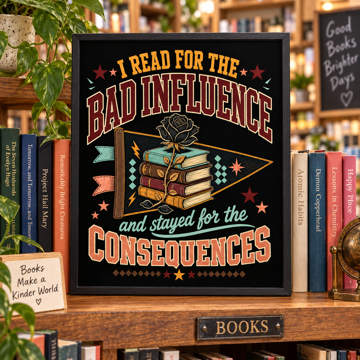 A framed typographic art print leaning on a wooden bookshelf in a bookstore. The black frame contains a decorative quote reading “I READ FOR THE BAD INFLUENCE and stayed for the CONSEQUENCES” with illustrated stacked books, a rose, stars, and geometric accents.