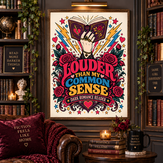 A framed gothic-style art print hangs on a dark wood wall in a cozy, book-filled room. The print features a hand holding an open book surrounded by roses, stars, and lightning, with the text 'LOUDER THAN MY COMMON SENSE' and 'DARK ROMANCE READER'.