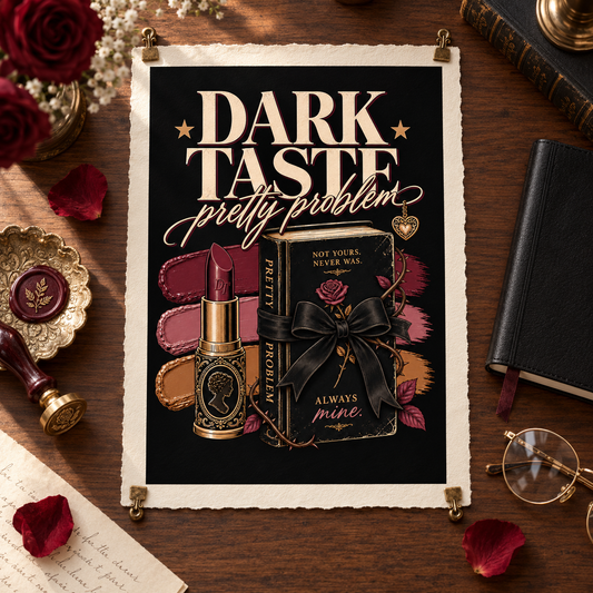 A decorative art print with the text 'DARK TASTE pretty problem' is displayed on a wooden table surrounded by rose petals, a black notebook, gold-toned glasses, a wax seal stamp, and a lipstick tube. The print features a black background with cream lettering and an illustration of a book tied with a black ribbon, gold details, and pink and red roses.