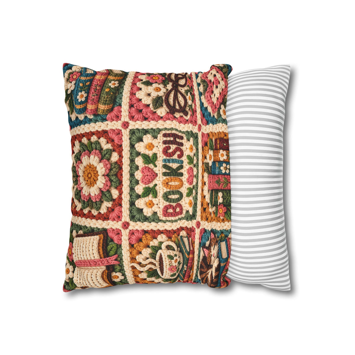 Book Lover Pillow Cover, Cozy Reads Pillow Case, Faux Crochet Granny Square Pillow, Bookish Decor, Reading Nook Gift, 14x14 Cushion Cover