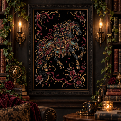 Dark Romantasy Horse Printable Set, Gothic Book Lover Wall Art, Fantasy Reading Decor, Horse Bookmark, Phone Wallpaper