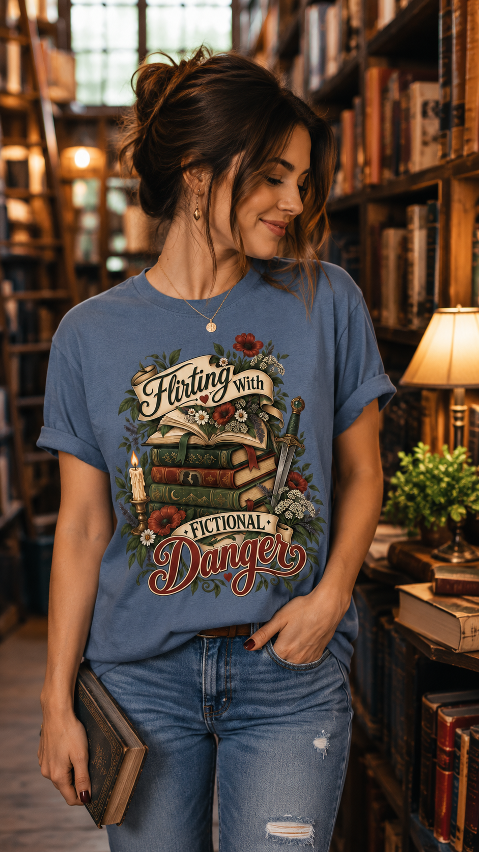 Flirting With Fictional Danger shirt for romantasy readers, dark romance lovers, BookTok fans, and anyone who falls for morally gray fictional men. This vintage-inspired bookish tee features stacked books, florals, candlelight, and a dagger in a cozy earthy palette. A fun romance reader gift, book lover shirt, or bookish wardrobe staple for reading days, bookstore trips, and book club nights. Shop the shirt through the link in bio.

#romantasy #bookishshirt #romancereader #booktokmerch #darkromance #booklov