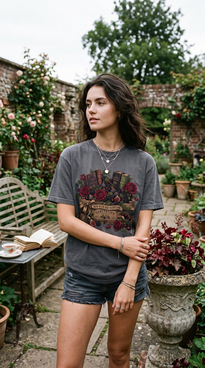 A little dark academia, a touch of gothic romance, and plenty of temptation for your next chapter. This “Ripe With Bad Intentions” book lover shirt features antique books, burgundy roses, figs, cherries, and moody botanical details on a soft garment-dyed tee. Available in Espresso, Blue Jean, Ivory, Moss, Pepper, Butter, and White for romance readers, romantasy fans, and lovers of beautifully bookish style.