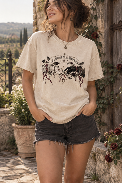 Made for readers who want their romance wrapped in thorns. This “Close Enough to Be Dangerous” shirt features two reaching hands surrounded by dark roses, burgundy ribbons, moths, pearls, and celestial details. A memorable gothic book-lover gift for dark romance readers, enemies-to-lovers fans, book-club friends, and anyone who prefers fictional chemistry with a little danger.