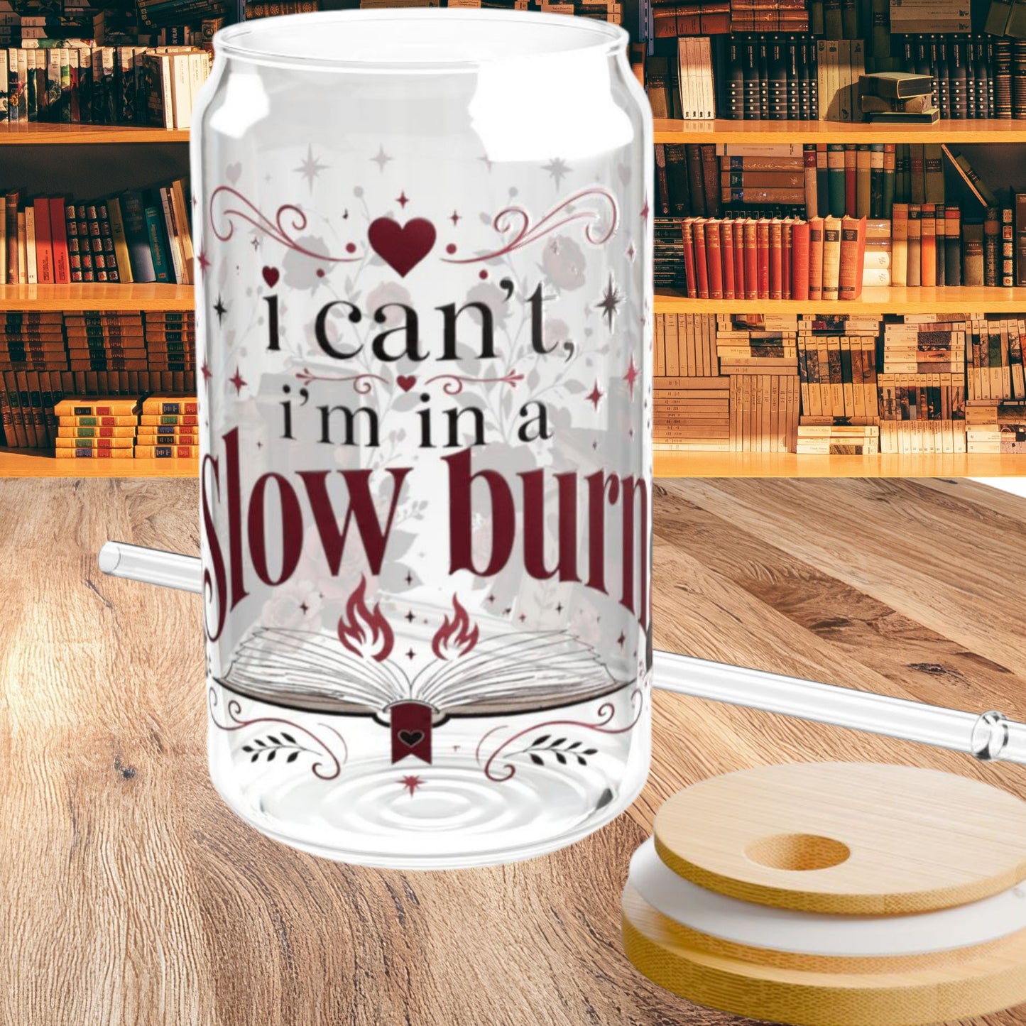 I'm in a Slow Burn 16oz Glass Cup | Romance Reader Glass Can | BookTok Iced Coffee Cup | Enemies to Lovers Book Lover Gift