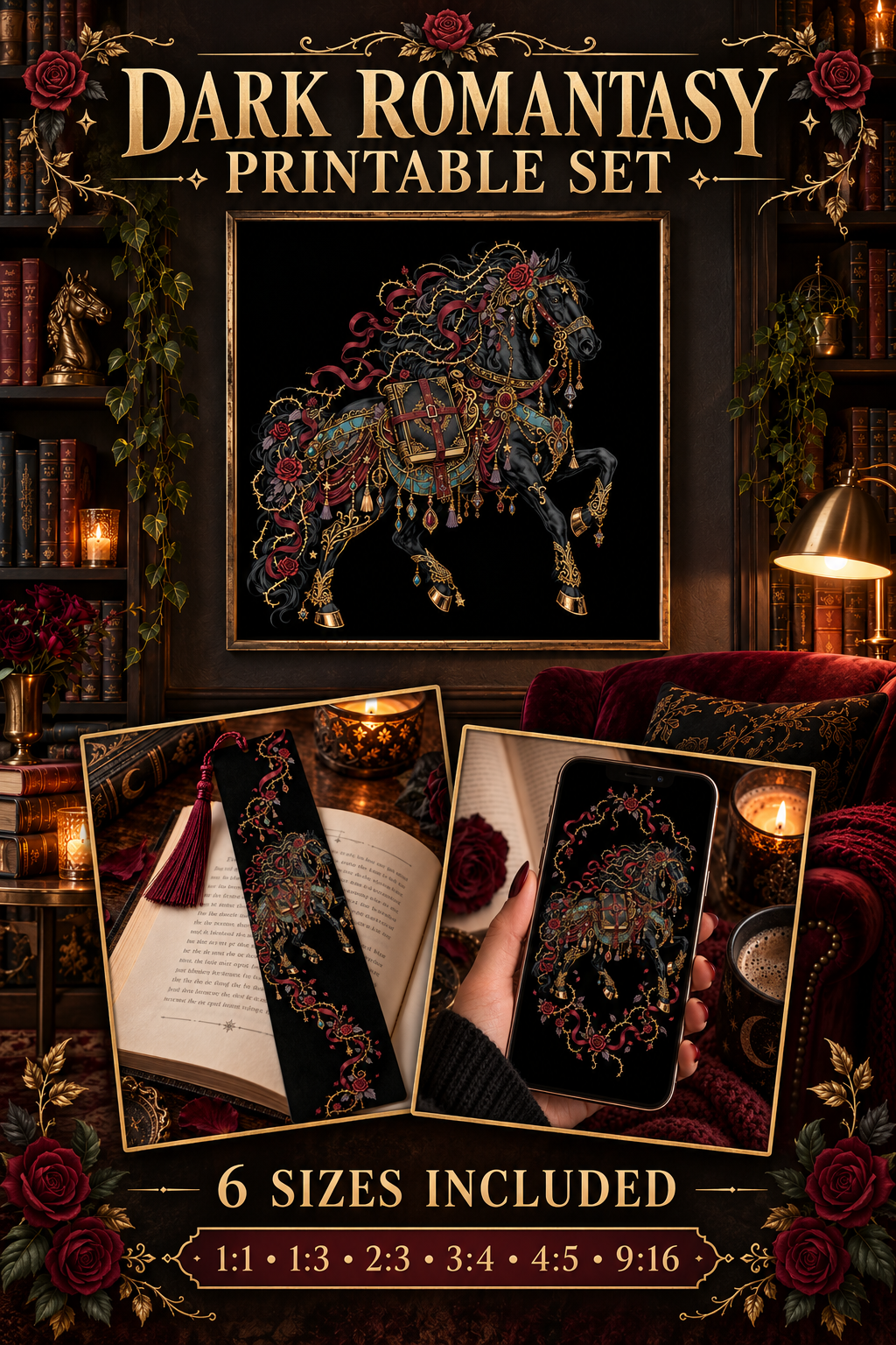 Dark Romantasy Horse Printable Set, Gothic Book Lover Wall Art, Fantasy Reading Decor, Horse Bookmark, Phone Wallpaper