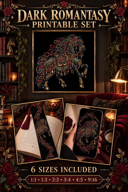 Dark Romantasy Horse Printable Set, Gothic Book Lover Wall Art, Fantasy Reading Decor, Horse Bookmark, Phone Wallpaper