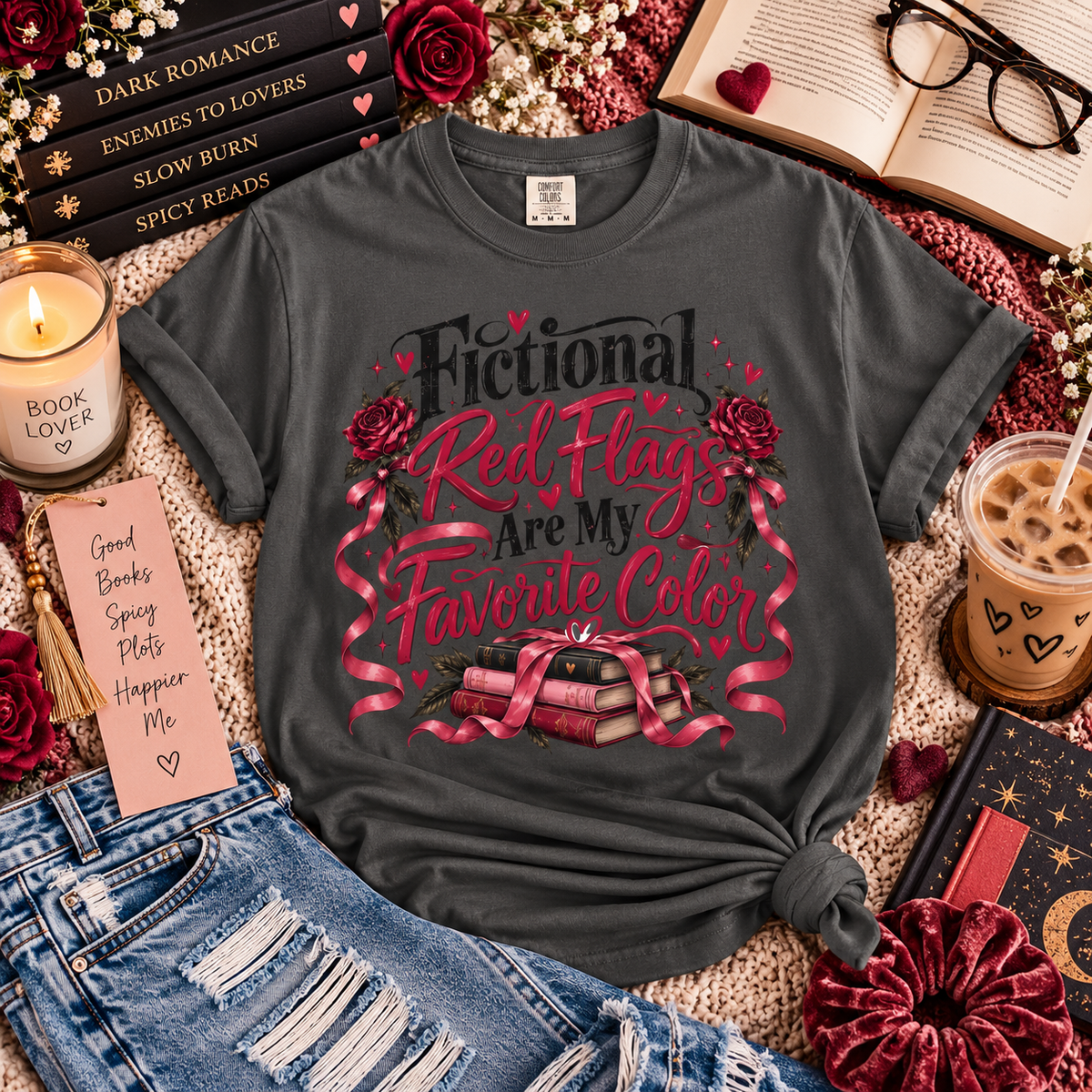 Fictional Red Flags Shirt, Dark Romance Book Lover Tee, Spicy Bookish Shirt, Morally Gray Men, Enemies to Lovers, Romance Reader Gift