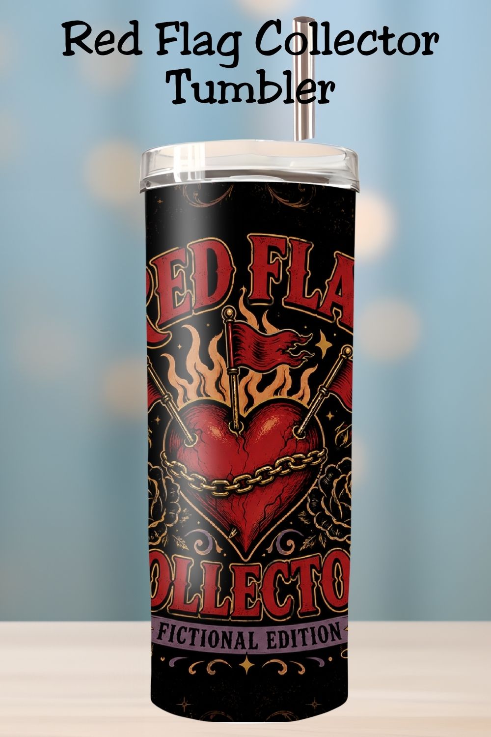 For the reader who sees a fictional red flag and immediately adds the book to her TBR. The Red Flag Collector, Fictional Edition Tumbler features a dramatic gothic design with a chained heart, flaming red flags, black roses, daggers, and vintage details. A fun bookish gift for dark romance readers, morally gray hero lovers, villain romance fans, romantasy readers, BookTok friends, and anyone with questionable taste in fictional men. Save this dark romance tumbler to your book lover gift ideas, BookTok finds