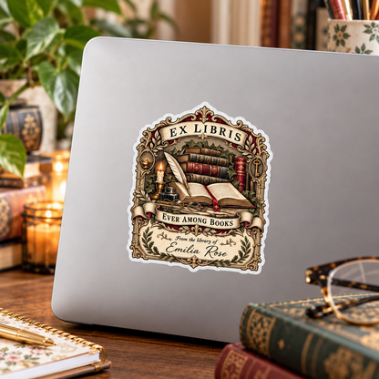 Book Lover Ex Libris Kiss Cut Sticker, Vintage Bookplate Sticker, From the Library Of Sticker, Reader Gift, Personalized Bookish Vinyl Sticker