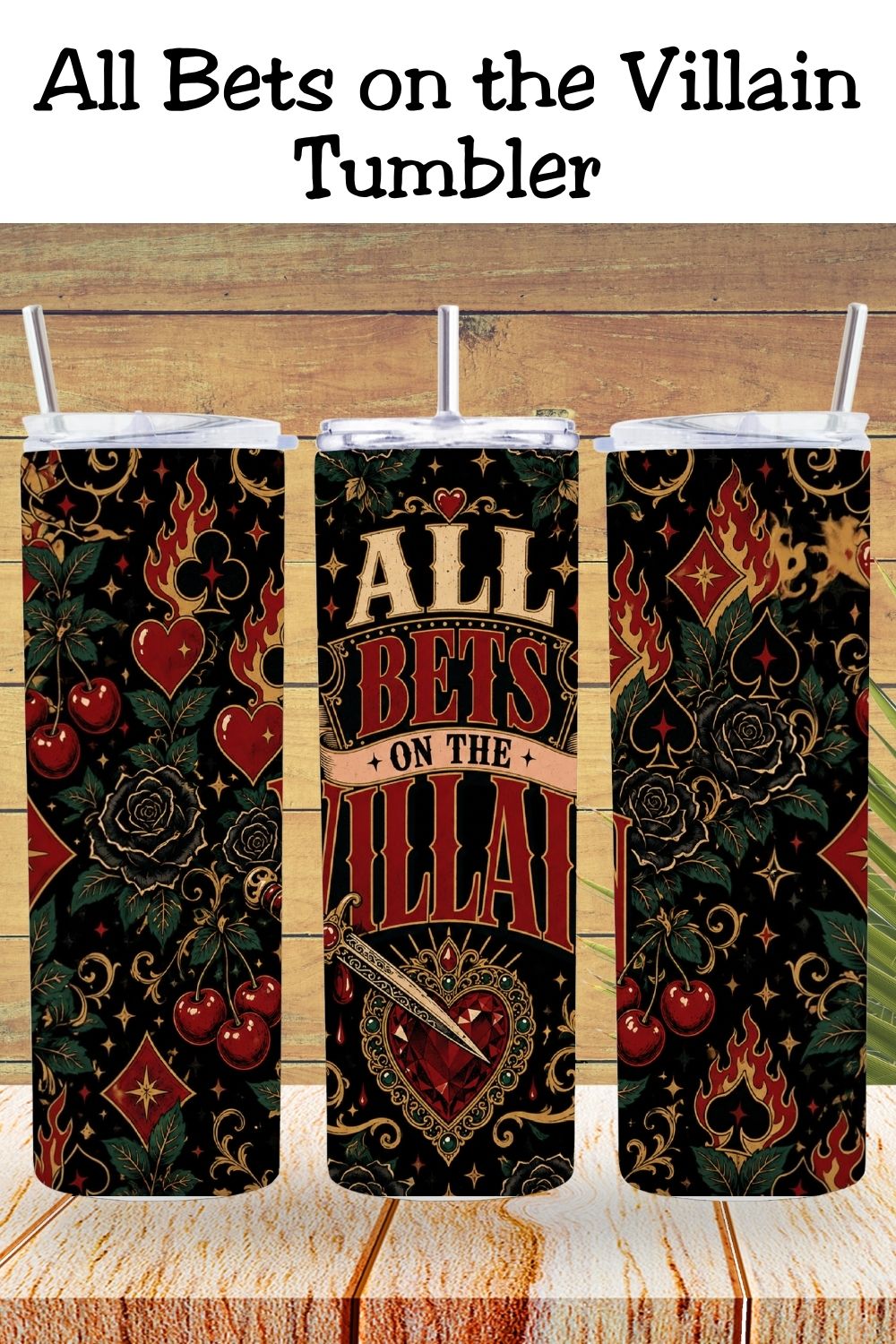 Hydration, but make it morally questionable. 🖤♥️ The All Bets on the Villain Tumbler features a bold gothic wrap with fiery card suits, black roses, cherries, ornate gold flourishes, a dagger, and a jeweled heart against a dramatic black background. Perfect for dark romance readers, romantasy fans, villain lovers, and readers who proudly choose fictional red flags. #BookLoverTumbler #DarkRomance #VillainEra #AllBetsOnTheVillain #RomantasyReader #BookTokGift #ReaderLife #BookishGift