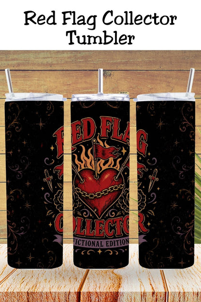 For the reader who sees a fictional red flag and immediately adds the book to her TBR. The Red Flag Collector, Fictional Edition Tumbler features a dramatic gothic design with a chained heart, flaming red flags, black roses, daggers, and vintage details. A fun bookish gift for dark romance readers, morally gray hero lovers, villain romance fans, romantasy readers, BookTok friends, and anyone with questionable taste in fictional men. Save this dark romance tumbler to your book lover gift ideas, BookTok finds