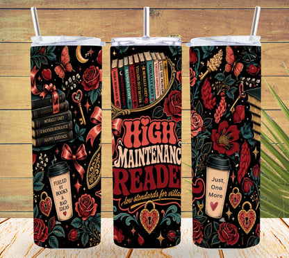 High Maintenance Reader Tumbler, Dark Romance Book Lover Cup, Low Standards for Villains Tumbler, BookTok Gift, Romantasy Reader Gift