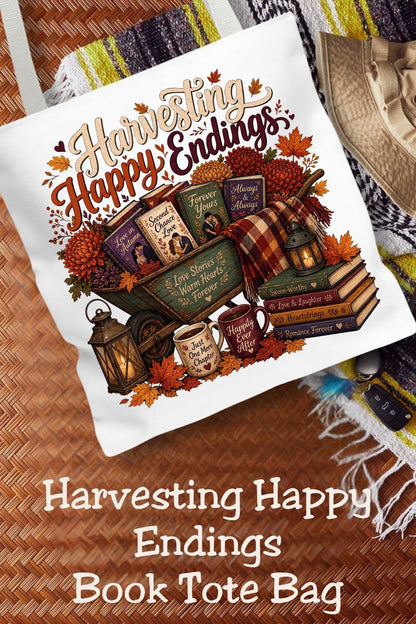 Fall is better with books! 🍂📚 The Harvesting Happy Endings tote bag is the perfect accessory for romance readers, BookTok fans, and anyone who loves cozy autumn vibes. Featuring a charming wagon filled with romance novels, colorful fall florals, lanterns, plaid blankets, mugs, and falling leaves, this spacious book tote is ideal for bookstore trips, library visits, pumpkin patch adventures, coffee shop reading dates, and everyday errands. It also makes a thoughtful gift for book lovers, teachers, libraria