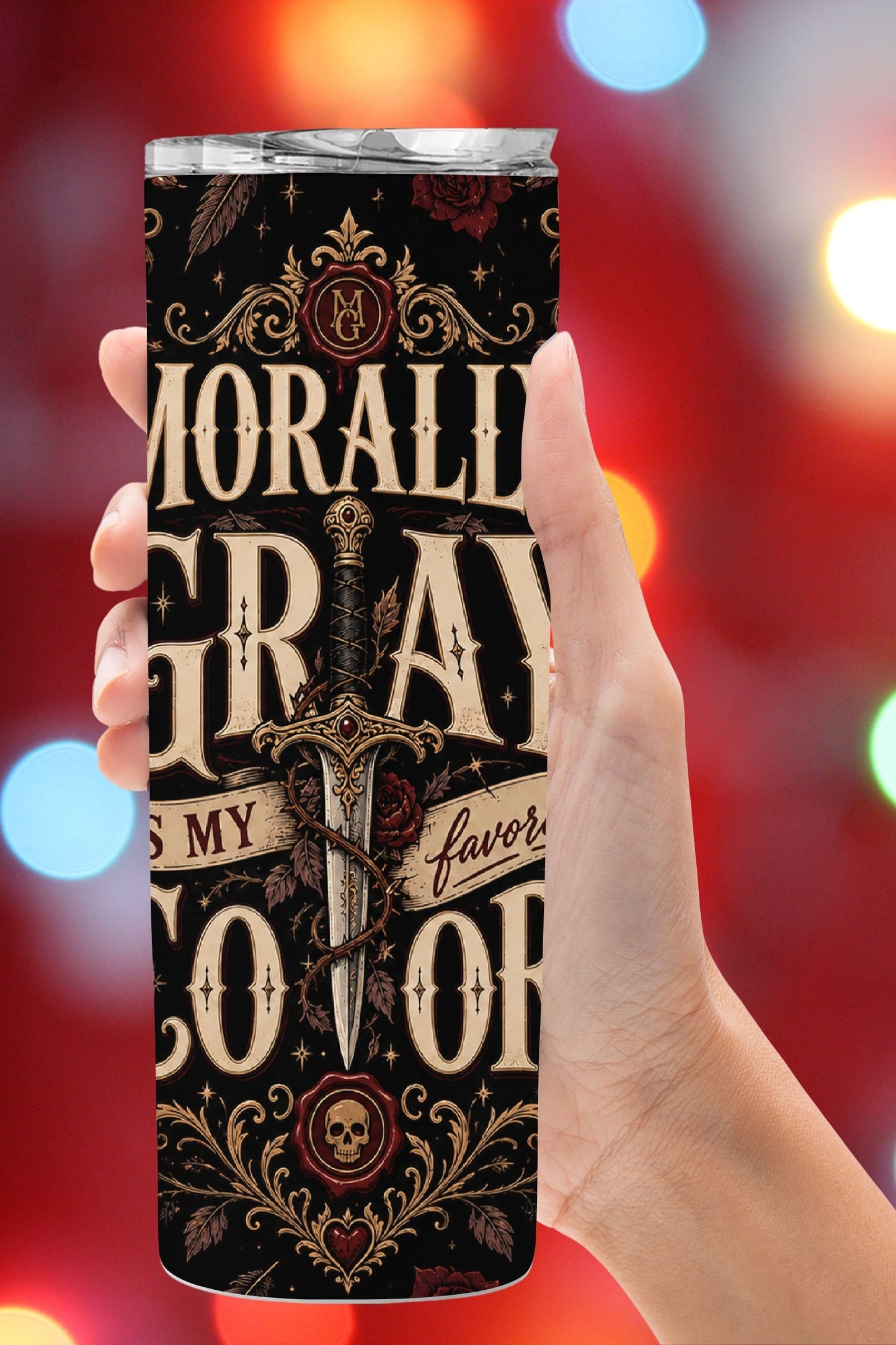 Stay hydrated through every questionable fictional decision. 🖤🗡️ The Morally Gray Is My Favorite Color Tumbler features a rich gothic wrap with roses, daggers, skull wax seals, stars, and antique gold details against a dramatic black background. Perfect for romance readers, romantasy fans, dark academia lovers, and anyone whose favorite fictional characters are anything but green flags. #BookLoverTumbler #DarkRomance #MorallyGray #RomantasyReader #BookTokGift #ReaderLife #BookishGift #DarkAcademia