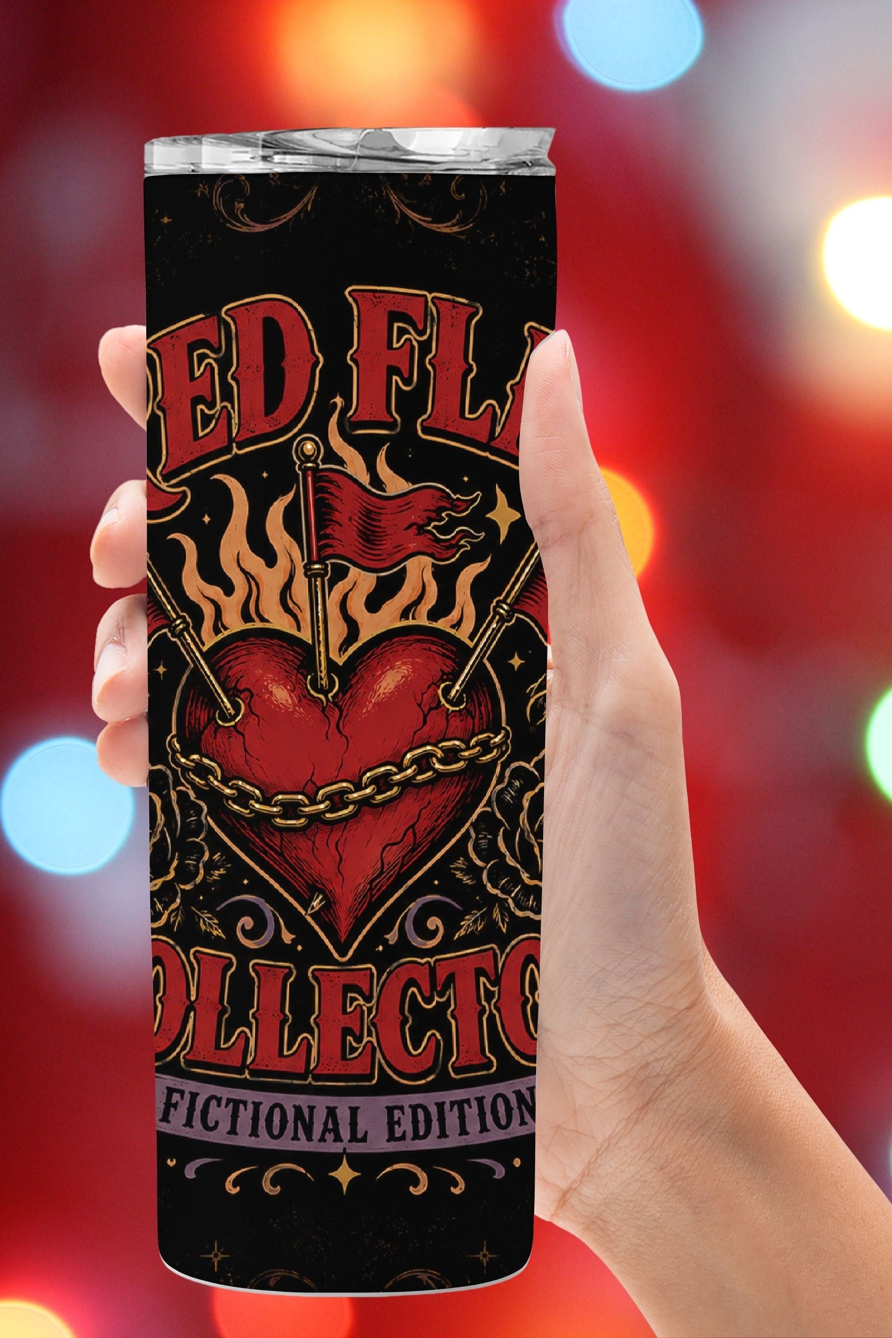 For the reader who sees a fictional red flag and immediately adds the book to her TBR. The Red Flag Collector, Fictional Edition Tumbler features a dramatic gothic design with a chained heart, flaming red flags, black roses, daggers, and vintage details. A fun bookish gift for dark romance readers, morally gray hero lovers, villain romance fans, romantasy readers, BookTok friends, and anyone with questionable taste in fictional men. Save this dark romance tumbler to your book lover gift ideas, BookTok finds