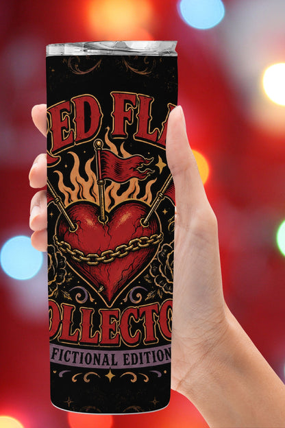 For the reader who sees a fictional red flag and immediately adds the book to her TBR. The Red Flag Collector, Fictional Edition Tumbler features a dramatic gothic design with a chained heart, flaming red flags, black roses, daggers, and vintage details. A fun bookish gift for dark romance readers, morally gray hero lovers, villain romance fans, romantasy readers, BookTok friends, and anyone with questionable taste in fictional men. Save this dark romance tumbler to your book lover gift ideas, BookTok finds