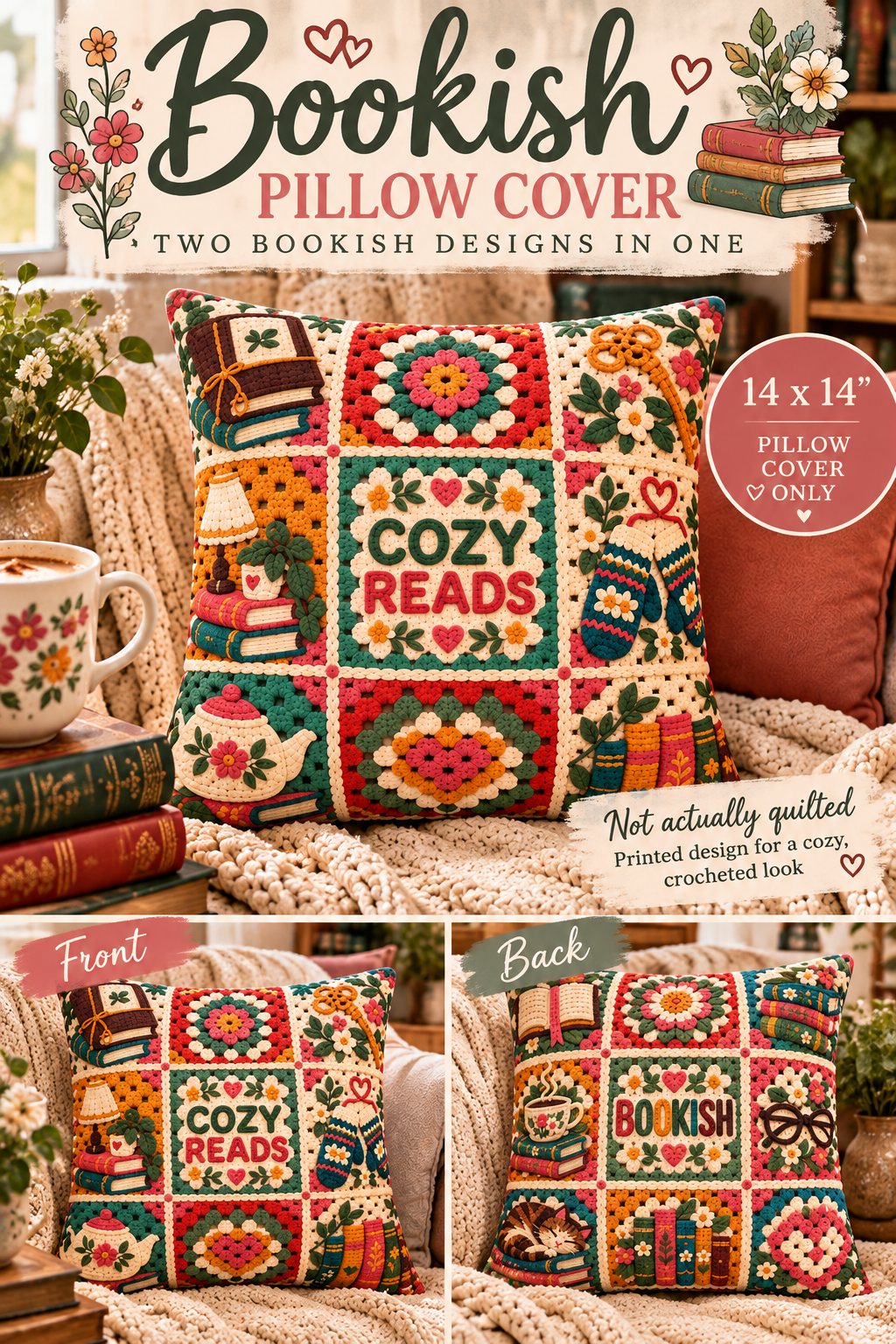 Create the coziest reading nook with this colorful book lover pillow cover! 📚🌸 Featuring a faux crochet granny square design with “Cozy Reads” on the front and “Bookish” on the back, this 14x14 pillow case gives you two adorable bookish looks in one. The crochet and quilted details are a sublimated printed design—not actual stitching or quilting. Perfect for home libraries, reading chairs, bookish bedrooms, book clubs, librarians, teachers, and reader gifts. Pillow cover only; insert not included.