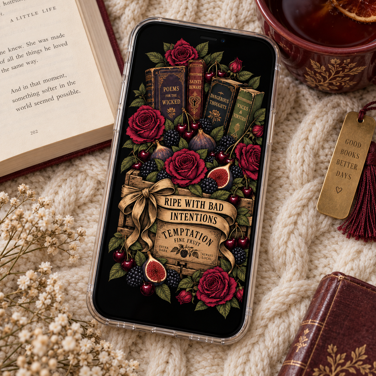 Dark Academia Printable Set, Gothic Book Lover Wall Art, Printable Bookmark, Phone Wallpaper, Ripe With Bad Intentions