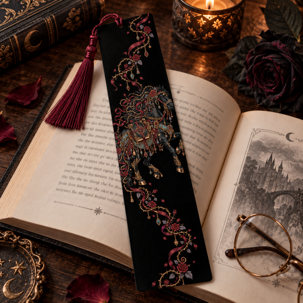 Dark Romantasy Horse Printable Set, Gothic Book Lover Wall Art, Fantasy Reading Decor, Horse Bookmark, Phone Wallpaper