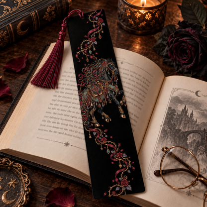 Dark Romantasy Horse Printable Set, Gothic Book Lover Wall Art, Fantasy Reading Decor, Horse Bookmark, Phone Wallpaper