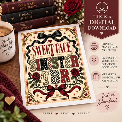 Book Lover Printable Wall Art, Sweet Face Sinister TBR, Romance Reader Decor, Bookish Digital Download, Dark Romance Gift