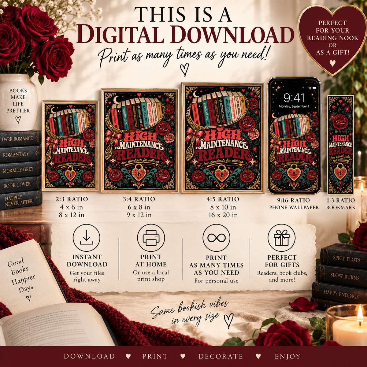 High Maintenance Reader Printable Wall Art, Dark Romance Book Lover Decor, Villain Reader Gift, Bookish Digital Download, Phone Wallpaper