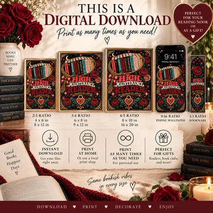 High Maintenance Reader Printable Wall Art, Dark Romance Book Lover Decor, Villain Reader Gift, Bookish Digital Download, Phone Wallpaper
