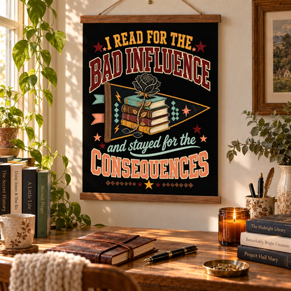 A framed wall hanging poster with a dark background and retro-style text reading 'I READ FOR THE BAD INFLUENCE and stayed for the CONSEQUENCES,' surrounded by books, plants, a candle, and a wooden desk in a warm interior setting.