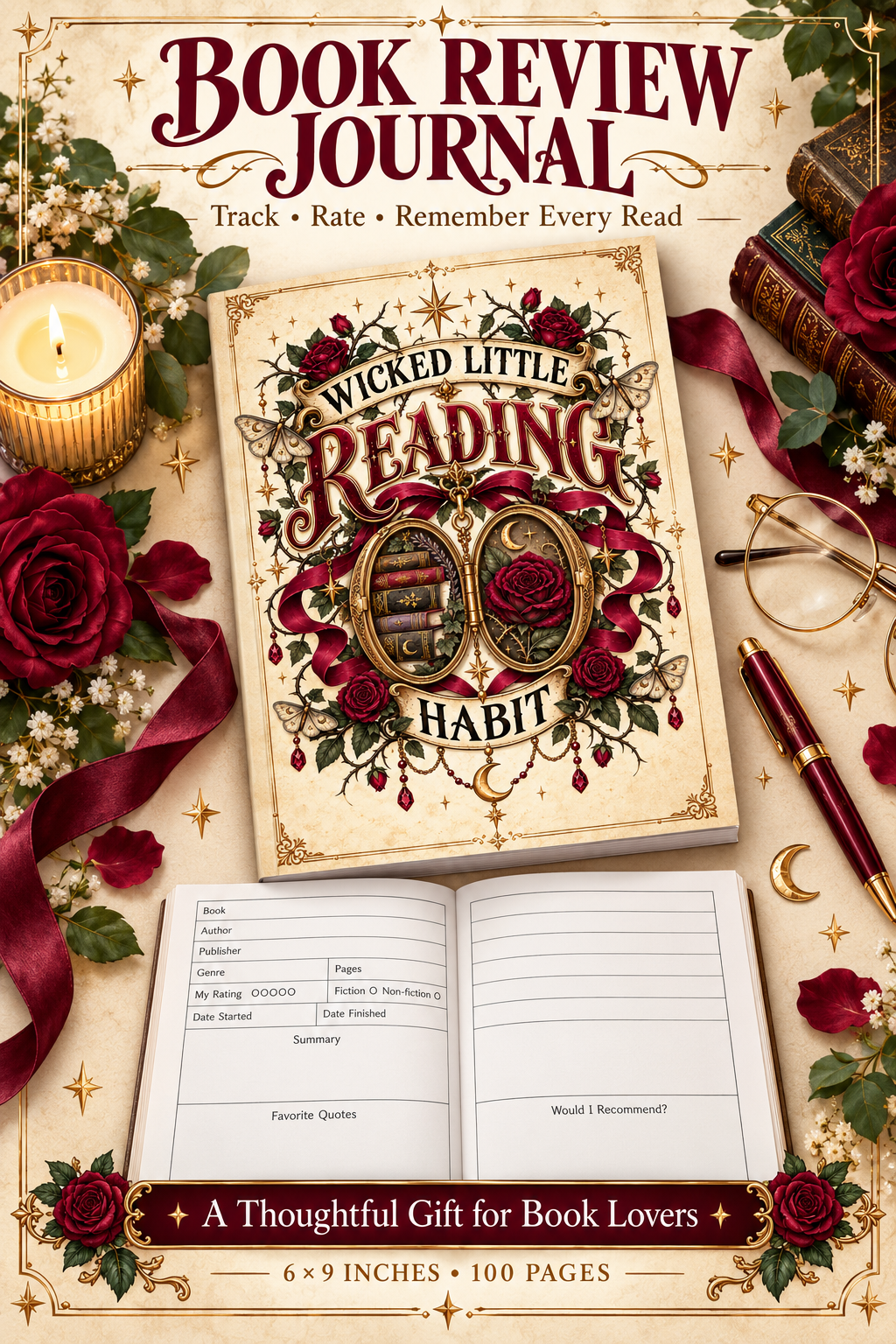 Keep every unforgettable read organized with the Wicked Little Reading Habit Book Review Journal. This 6 × 9-inch softcover journal includes 100 book-review pages for recording titles, authors, genres, ratings, reading dates, summaries, favorite quotes, and recommendations. Its vintage gothic design features burgundy roses, celestial moths, antique books, ribbons, and gold details. A thoughtful gift for romance readers, BookTok fans, book-club members, and anyone building a personal reading library.

#BookR