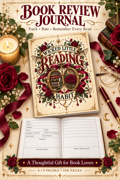 Keep every unforgettable read organized with the Wicked Little Reading Habit Book Review Journal. This 6 × 9-inch softcover journal includes 100 book-review pages for recording titles, authors, genres, ratings, reading dates, summaries, favorite quotes, and recommendations. Its vintage gothic design features burgundy roses, celestial moths, antique books, ribbons, and gold details. A thoughtful gift for romance readers, BookTok fans, book-club members, and anyone building a personal reading library.

#BookR