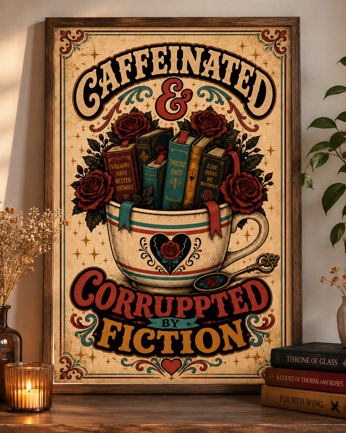 Caffeinated and Corrupted by Fiction Printable Wall Art, Book Lover Digital Download, Romance Reader Decor, Bookish Poster, Phone Wallpaper