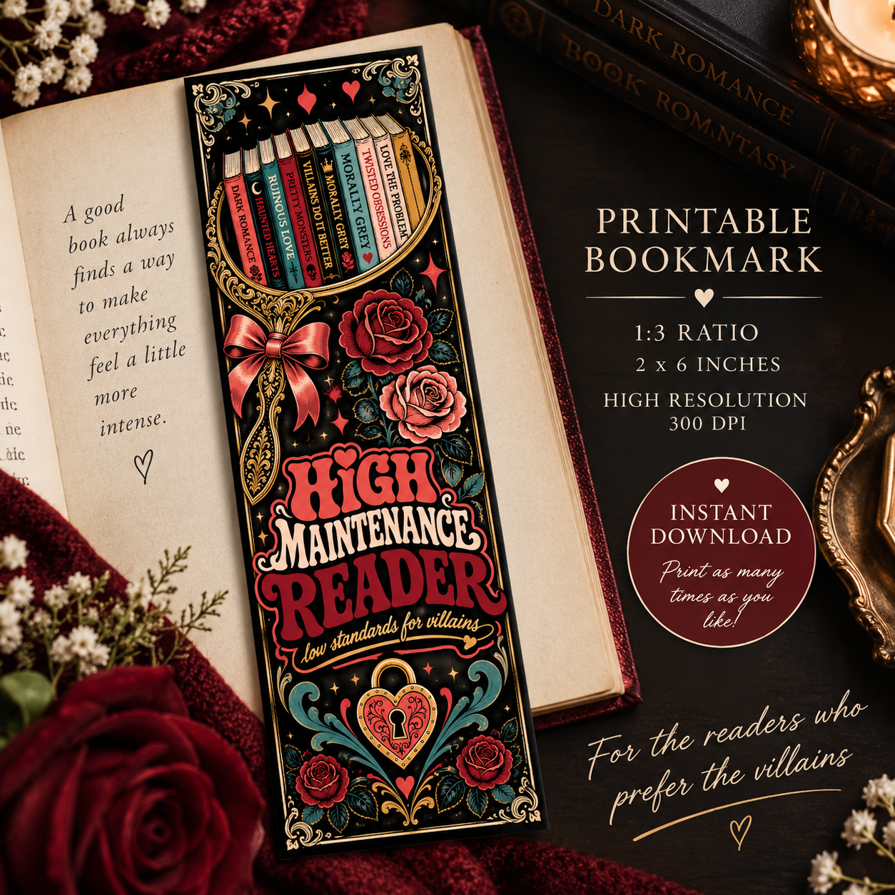 High Maintenance Reader Printable Wall Art, Dark Romance Book Lover Decor, Villain Reader Gift, Bookish Digital Download, Phone Wallpaper