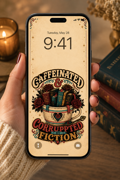 Caffeinated and Corrupted by Fiction Printable Wall Art, Book Lover Digital Download, Romance Reader Decor, Bookish Poster, Phone Wallpaper